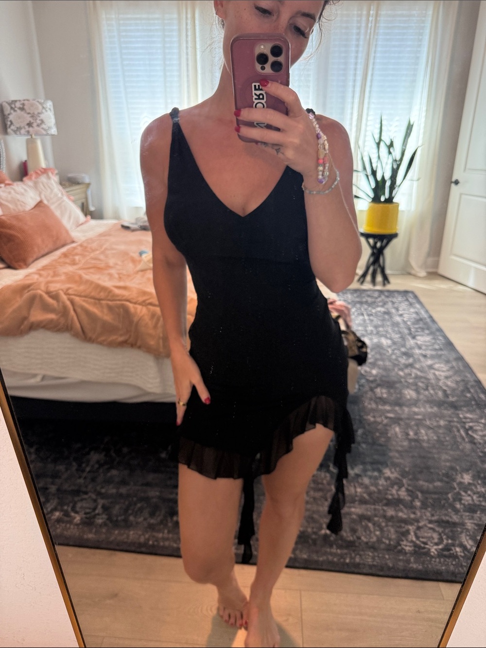 Women's Black V-Neck Ruffle Hem Slip Dress